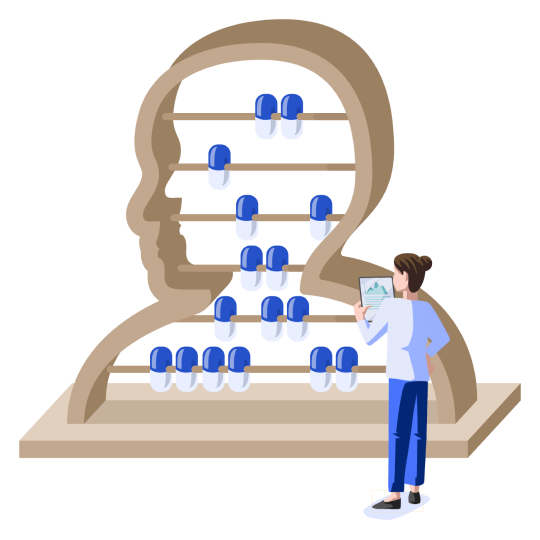 A doctor standing in front of an abacus in the shape of a person's head.